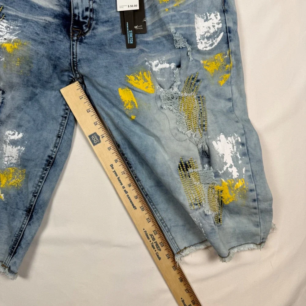 Switch Remarkable Mens Distressed Paint Splatter Denim Shorts Blue Size 40 NWT